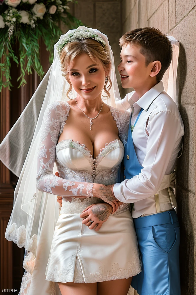 ((Mother and son getting married picture:1.5)), Ultra detailed photo of a ultra sexual incredibly gorgeous Ukrainian 32 year old sexy angelic supermodel mother bride in a gothic cathedral, ((ultra sexy bridal miniskirt:1.5)), mystical lights, backlit, ((very detailed faces)), focus on face, (very deep cleavage:1.5), ink lines, dynamic, modern, awe inspiring, whimsical, complex, dreamlike, magical, visually stunning, high contrast, soft colors, high quality fingers, normal hands, detailed fingers, Absurd resolution, ((high resolution:1.5)), (masterpiece: 1.4), super detailed, (((detailed face, detailed expression)), (realistic, photo-realistic:1.37), (full body:1.5), (masterpiece), best quality, ultra beautiful woman, slender legs, sexy slender legs, thin waist, blonde hair, bright blue eyes, cute round ass, with a fun quirky smile, unbuttoned blouse, view from the front