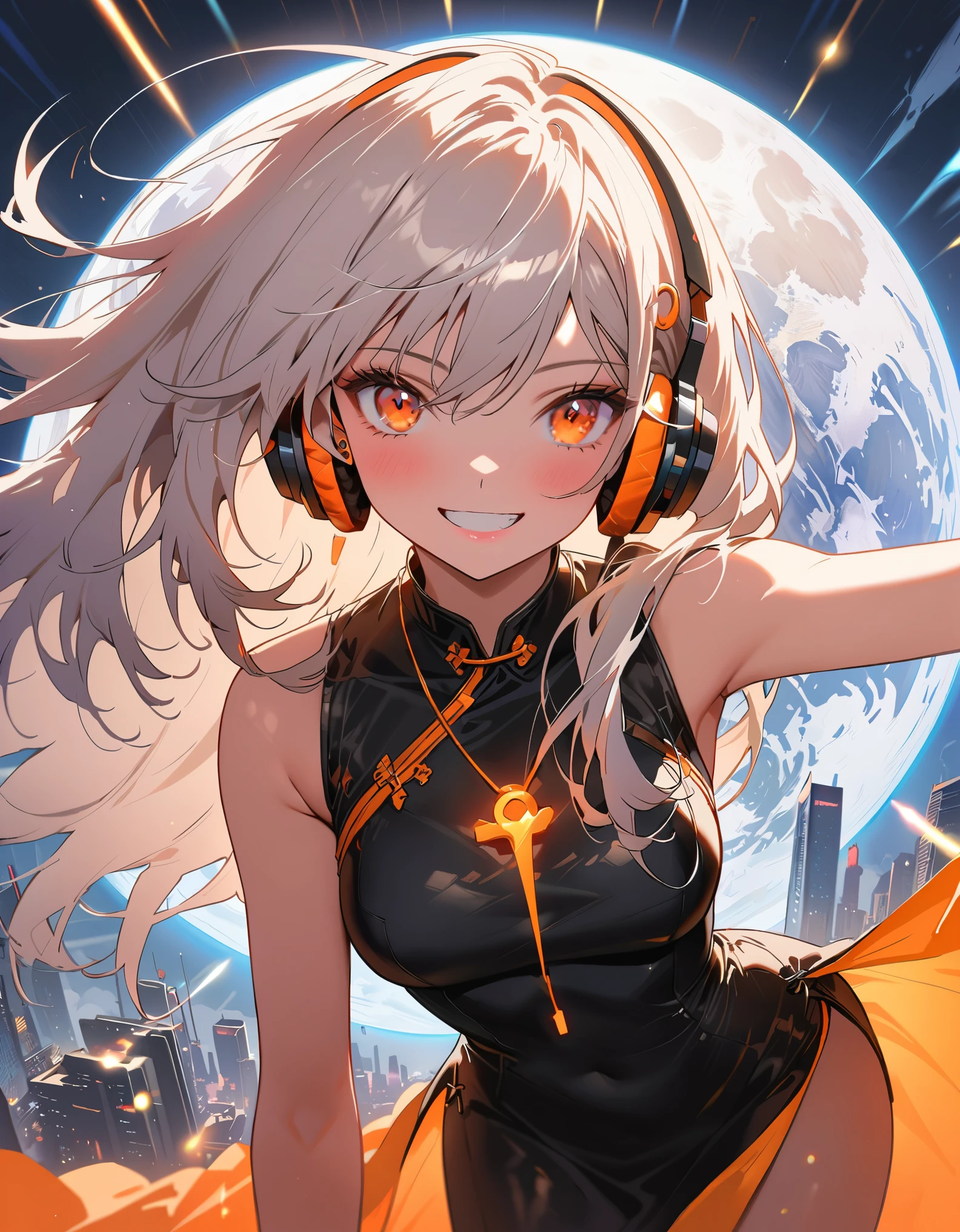 1 girl, standing_split, Chinese_clothing, liquid silver and Tangerine, Cyberhan, cheongsam, Cyberpunk city, Dynamic poses, Detailed glowing headphones, Glowing Hair Accessories, Long hair, Luminous earringss, Glowing necklace, Cyberpunk, 高And technology城, full of mechanical and Futuristic elements, Futuristic, And technology, Glowing neon lights, Tangerine, Tangerine light, Transparent Tulle, Transparent ribbon, laser, Digital background sky, Big Moon, There is a car, best quality, masterpiece, 8K, Character edge light, Ultra-high detail, high quality, The most beautiful woman in the world, Smile, Forward facing and symmetrical, earrings, Beautiful student, Lighting Effects, Visual Data, Silver Hair, Ultra-fine facial texture