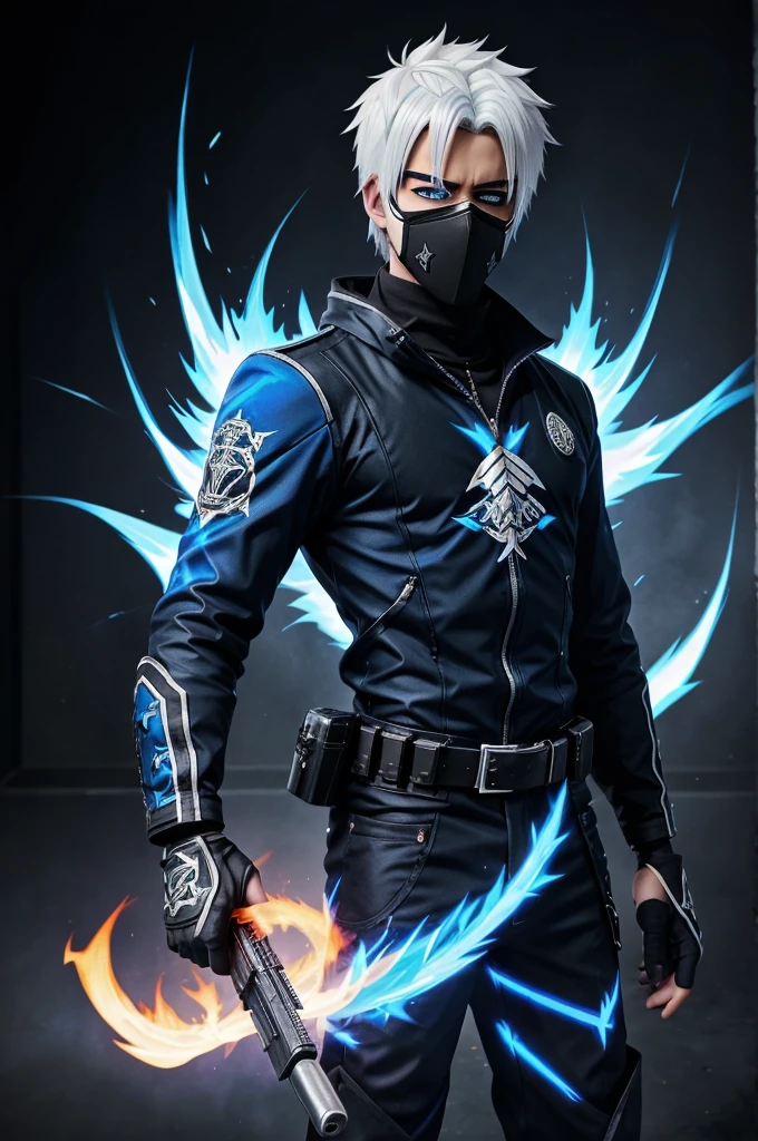 A background with (blue & black flames) , the boys ( anime ) type with white hair and  black mask at standing and having a pistol in hand 
Name written under in box name ( killtake22)