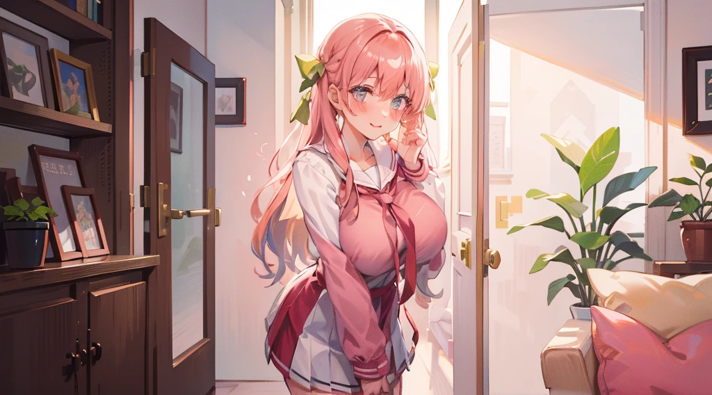 (Masterpiece), Best quality, Ultra-high resolution, detailed structure, Detailed architecture, (Warm pastel colors), indoor,A girl with pink hair stands shyly outside the door,Behind is the living room, plant, Stamens, indoor。Entrance