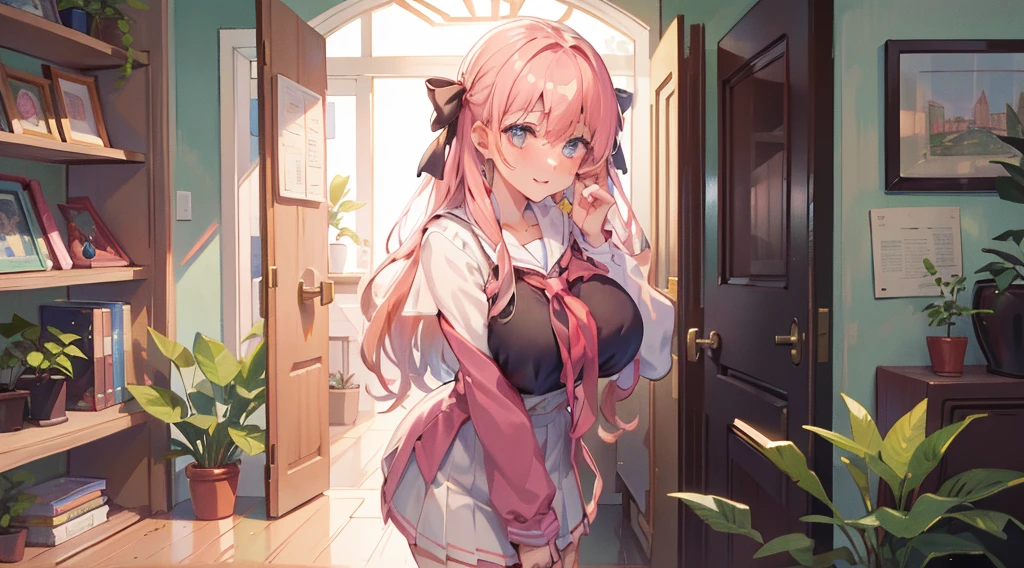 (Masterpiece), Best quality, Ultra-high resolution, detailed structure, Detailed architecture, (Warm pastel colors), indoor,A girl with pink hair stands shyly outside the door,Behind is the living room, plant, Stamens, indoor。Entrance