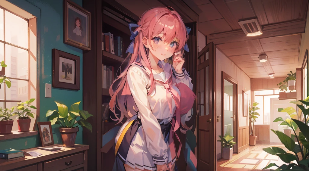 (Masterpiece), Best quality, Ultra-high resolution, detailed structure, Detailed architecture, (Warm pastel colors), indoor，A girl with pink hair stands shyly outside the door，Behind is the living room, plant, Stamens, indoor。Entrance