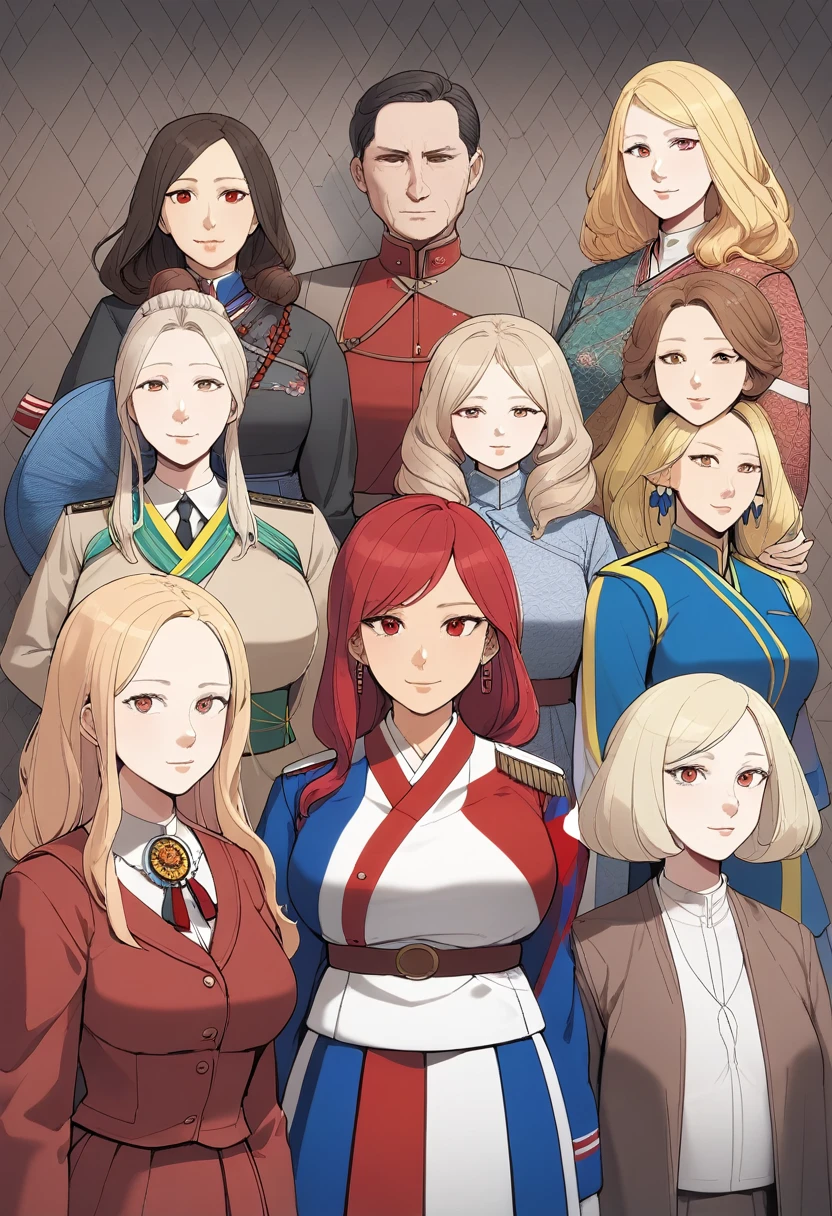 ((front view, front body)). (Real life big mom). ((different women faces, long noses, Americans, Russians, Koreans, Japanese, Ukrainians, Indonesians, Filipinos, Turks, and women of mixed blood)). (different hair colors, blue, blonde, brown). (various styles and hairstyles, short, long, hair tied or loose), (wearing a different clothes color, red, yellow, green, blue, and upper clothes). (wearing different pants), wear necklaces, earring, and bracelets or glasses. (head straight facing the camera). ((standing upright, body facing the camera, The hands are very detailed)). (the fingers look perfect). A beautiful young woman in her 25s with large breasts, slightly visible cleavage, sharp nose, narrow eyes, full of make-up. Different color, ((wear different uniform and color)), (Interior wall background）(no background). Girs uniform.a man's favorite woman. Real life big mom.