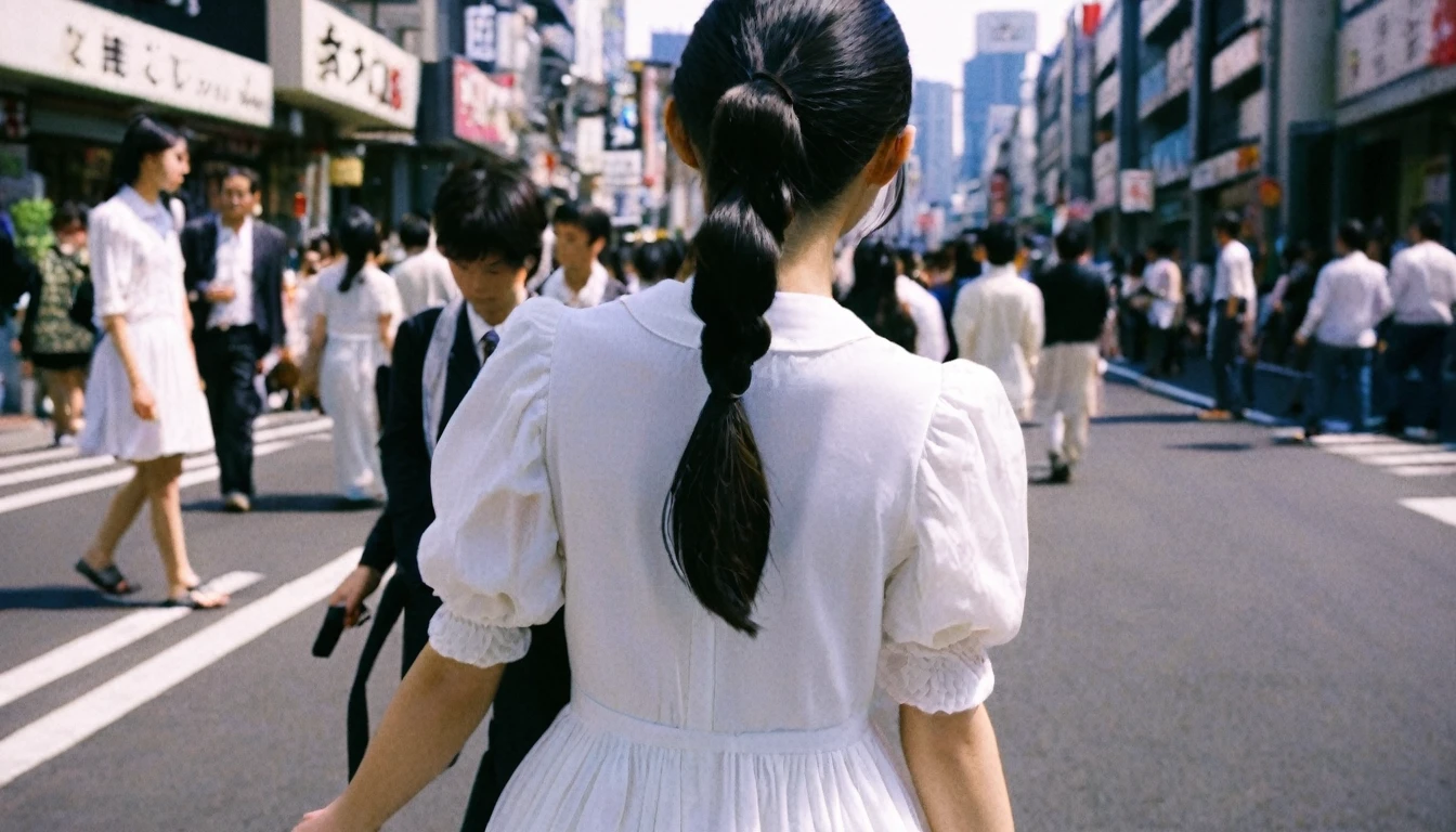 a girl, 17yo, (from back), wide shot, black hair, pigtails, looking ahead, white dress, long sleeves, walking Tokyo city road, buildings, crowd of people, blue sky