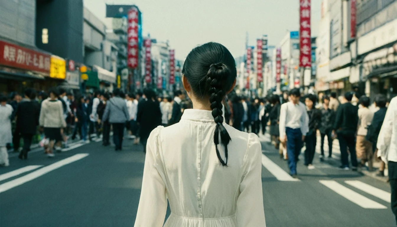 a girl, yo, (from back), wide shot, black hair, pigtails, looking ahead, white dress, long sleeves, walking Tokyo city road, buildings, crowd of people, blue sky