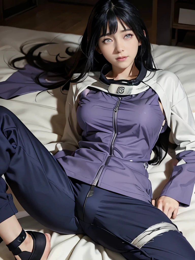 1 girl, Hyuga Hinata in the anime Naruto, long hair, black hair, white eyes, angry, Beautiful, purple clothes, Medium breasts,a slim body, realistic clothes, Clothing Detail, ultra detail, realistic, Lying on his back, knees bent, legs spread wide, black tight short shorts, hands tied to the bed