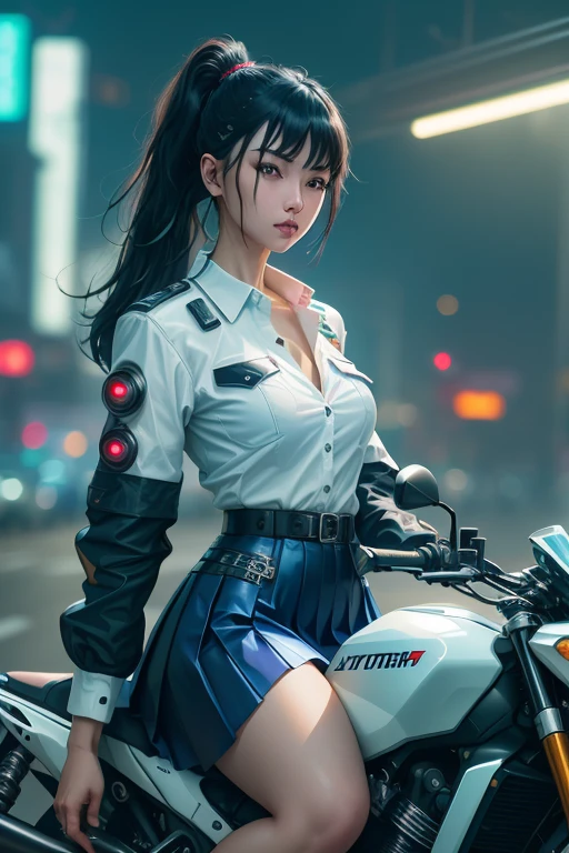 Digital Cyberpunk Art、Highest quality、Ultra-high quality CG Unity 8K、Black Hair Semi-Long、Mechanics、Shiny、Wear a cyberpunk white collared button-up shirt、Wear a cyberpunk navy blue short box pleated skirt、Japanese 、Riding on motorcycle、CBR400Rに乗る、Drive on the highway