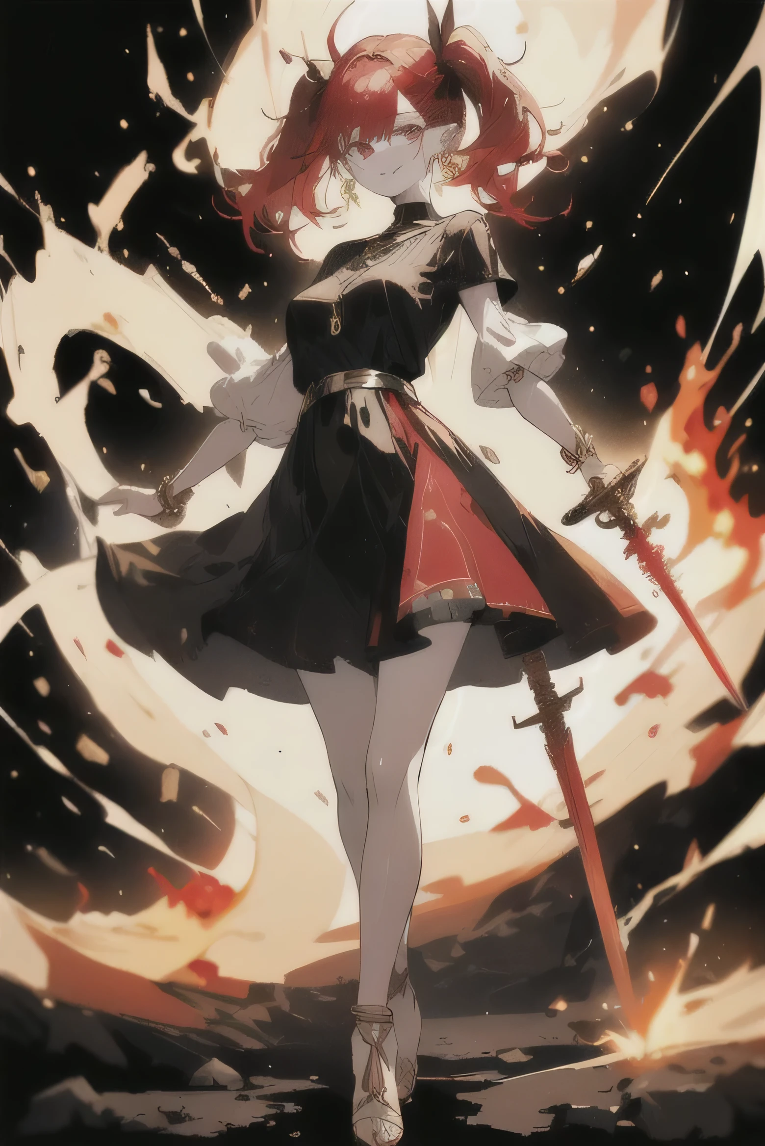 : ((((Picture of a 5 ft 7 inches tall girl with pale skin and long fiery red hair)), 1girl, standing, posing, ((checking her sword)), (( relaxed), casual outfit)), high heels, red hair in two pigtails, ((full frontal pose)), facing slightly off to the viewer side, (( medium shot))), ((soft focus))), ((nice smile)), ((eager eyes))), ((three-quarter sleeve dress)), (((gold jewelry))), ((hehrish background, take me away))), medium breasts, ((feminine ankles))), 22 years old, ((sophisticated attire)))