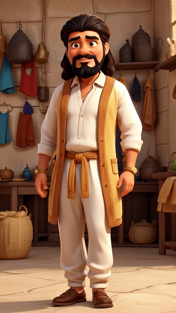 Create a short prompt for generating 3D animation style image of the scene( Despite his modest means, Ali Baba was content with his life, living with his wife and working hard each day to make ends meet ) ali baba is his name, he is a man, he is wearing full white clothes, his age is 20 years old, ali baba's wife is wearing beautiful yellow clothes, and there height is long they are 6 feet, also mention there face as well as same, they are young, day time of the day.