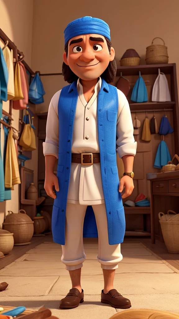 Create a short prompt for generating 3D animation style image of the scene( Despite his modest means, Ali Baba was content with his life, living with his wife and working hard each day to make ends meet ) ali baba is his name, he is a man, he is wearing full white clothes, his age is 20 years old, ali baba's wife is wearing beautiful yellow clothes, and there height is long they are 6 feet, also mention there face as well as same, they are young, day time of the day.