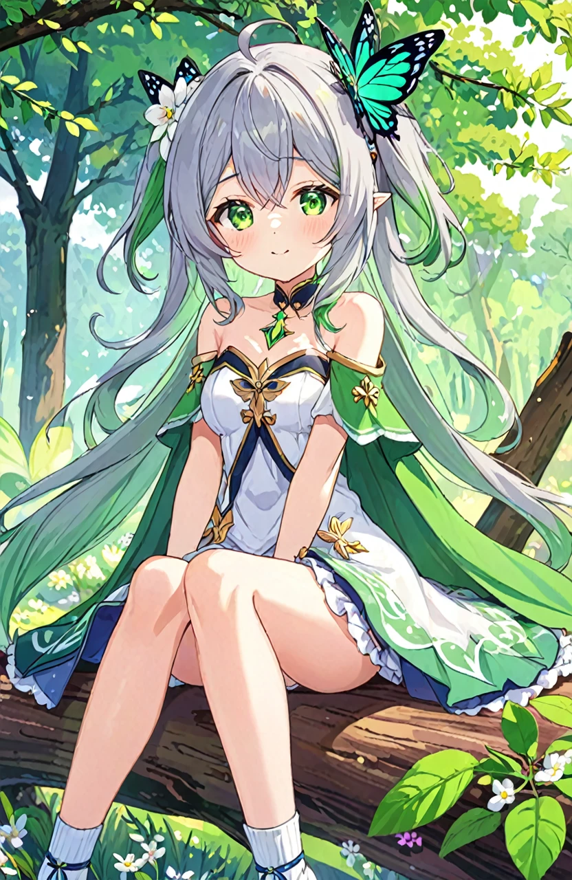 Super detailed,(Highest quality),((masterpiece)),(High resolution),original,very,shock,One girl,Nahida (Genshin Impact),alone,Green Eyes,dress,Pointed Ears,Bloomers,white dress,hair ornaments,flower,Multicolored Hair,Sitting,bangs,Symbol-shaped pupil,View your viewers,Green Hair,Gradient Hair,Side Ponytail,Long Hair,Gray Hair,butterfly,underwear,jewelry,頭flower輪,smile,wood,white Bloomers,Hair between the eyes,White footwear,Cruciform pupil,bug,Mouth closed,bracelet,in wood,Blurred,green Cape,branch,Outdoor,Sitting in wood,No sleeve,Cape,Short sleeve,Side Lock,Depth of written boundary,Green Sleeves,No sleeve dress,nature,Bare shoulders,White socks,