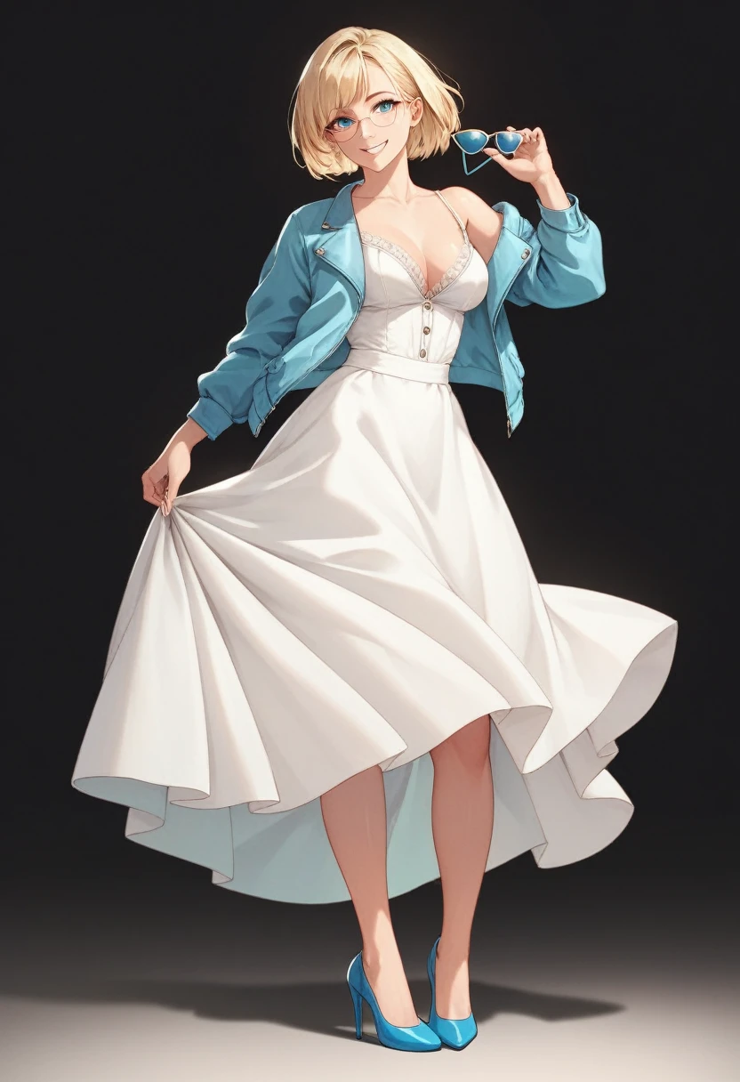 beautiful woman, solo, full-bodied, standing, medium bob cut blonde hair, light blue eyes, two points glasses, medium breasts, blue opened jacket, white blouse, white long flare skirt, blue high heels, soft smile, perfect hands with 5 fingers, black background, no background