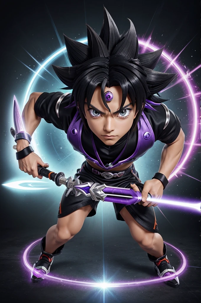 generate a amazing beyblade with amazing design the colour of bey lade is black and purple with some silver colour and beyblade 2 swords and beyblade have 1 eye behind the sword the design of beyblade is related to beyblade burst surge generate images