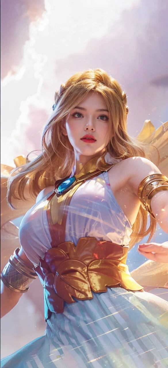 a close up of a person with long hair and a doctor strange super hero costume, yamanaka ino, yamanaka ino from anime naruto shippuden, as an anime character, perfect anime face, she has yellow hair with bangs, female anime character, anime character, anime best girl, hime cut hairstyle, yellow hair, wearing a doctor strange super hero costume, (red glossy lips:1.3), blue eyes, smile, realistic, wear doctor strange super hero costume, ultra detail, city background, (beautiful face:1.3)