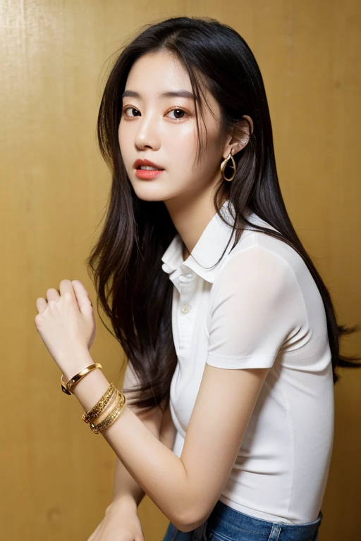 ((best quality)), ((masterpiece)), (detailed), 1girl, very Straight black long hair , seductive gaze , perfect body , standing position , sexy poses , black collar shirt , white jeans , luxury golden bracelets