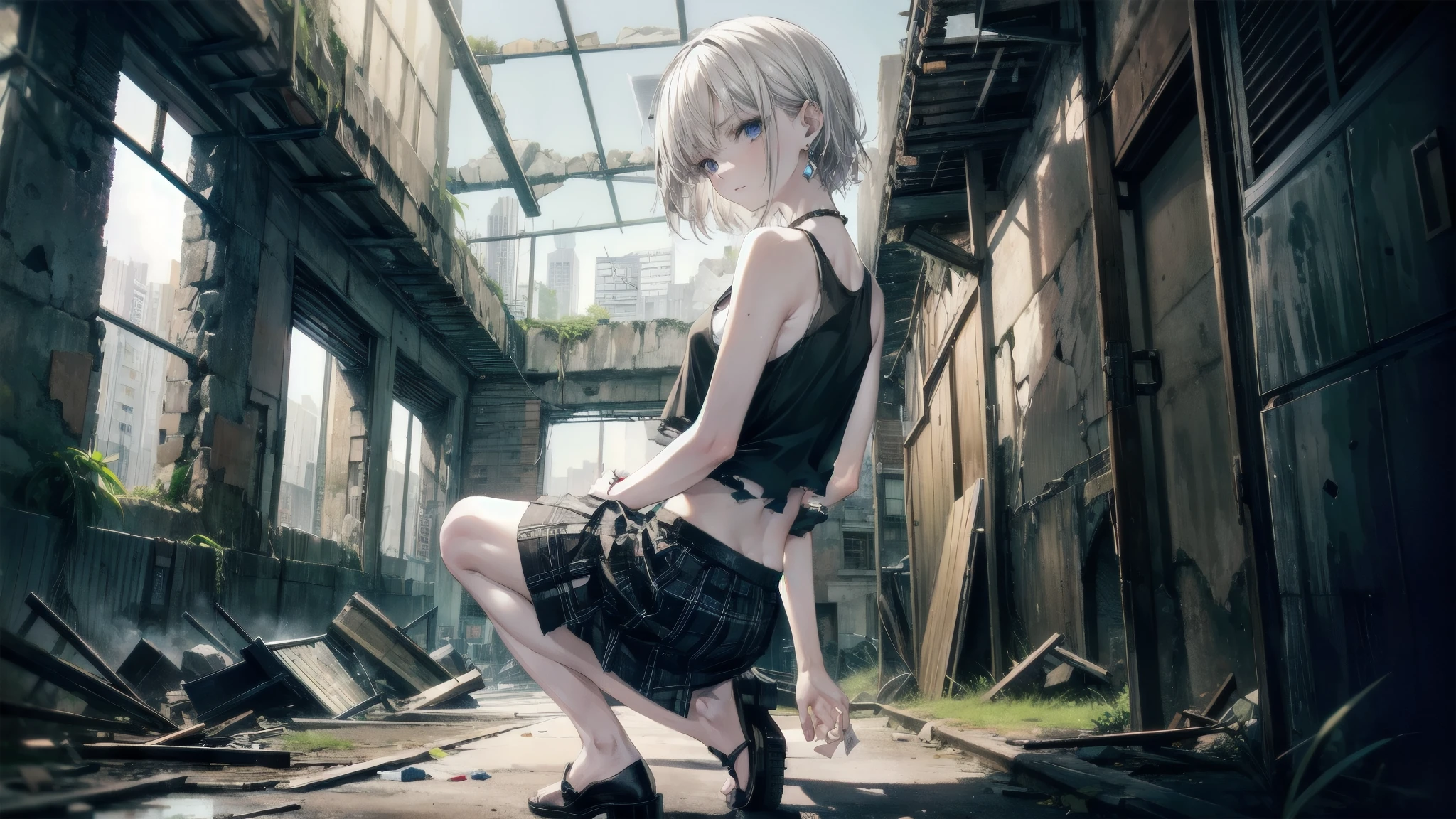 (Torn clothes), Tank top shirt, skirt, Handgun, ruins, Absurd, RAW Photos, Very delicate and beautiful, masterpiece, Highest quality, Ultra-high resolution, 32K, Surreal, Very detailed, Detailed Description, Pale skin, 20-year-old, Tearful mole, Earrings, Short Medium Hair, Wavy Hair, Full Body Shot,