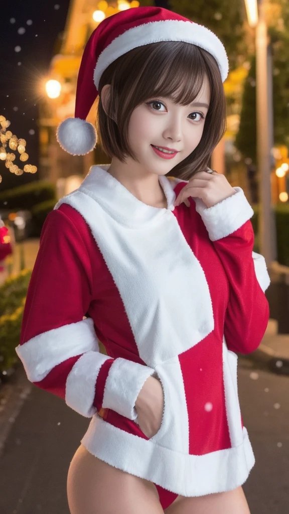 1girl, (santa claus costume:1.5), symmetry, beautiful cute ultra young girl, (slender figure:2.0), (ultra short hair:1.75), ultra big smile, (Beautiful large round droped detailed eyes:1.0), beautiful detailed lips, extremely detailed face, natural makeup, Incredibly beautiful skin, (best quality,4k,8k,highres,masterpiece:1.75),(ultra-detailed,realistic,photorealistic,photo-realistic:2.0),professional,vivid colors,studio lighting,snowing night town,christmas eve
