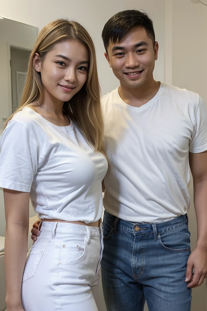 A mirror selfie of a blonde asian woman ?????????????? wearing a white shirt and a blue jeans and an asian man and he is wearing white shirt and blue jeans , casual photo, smiling