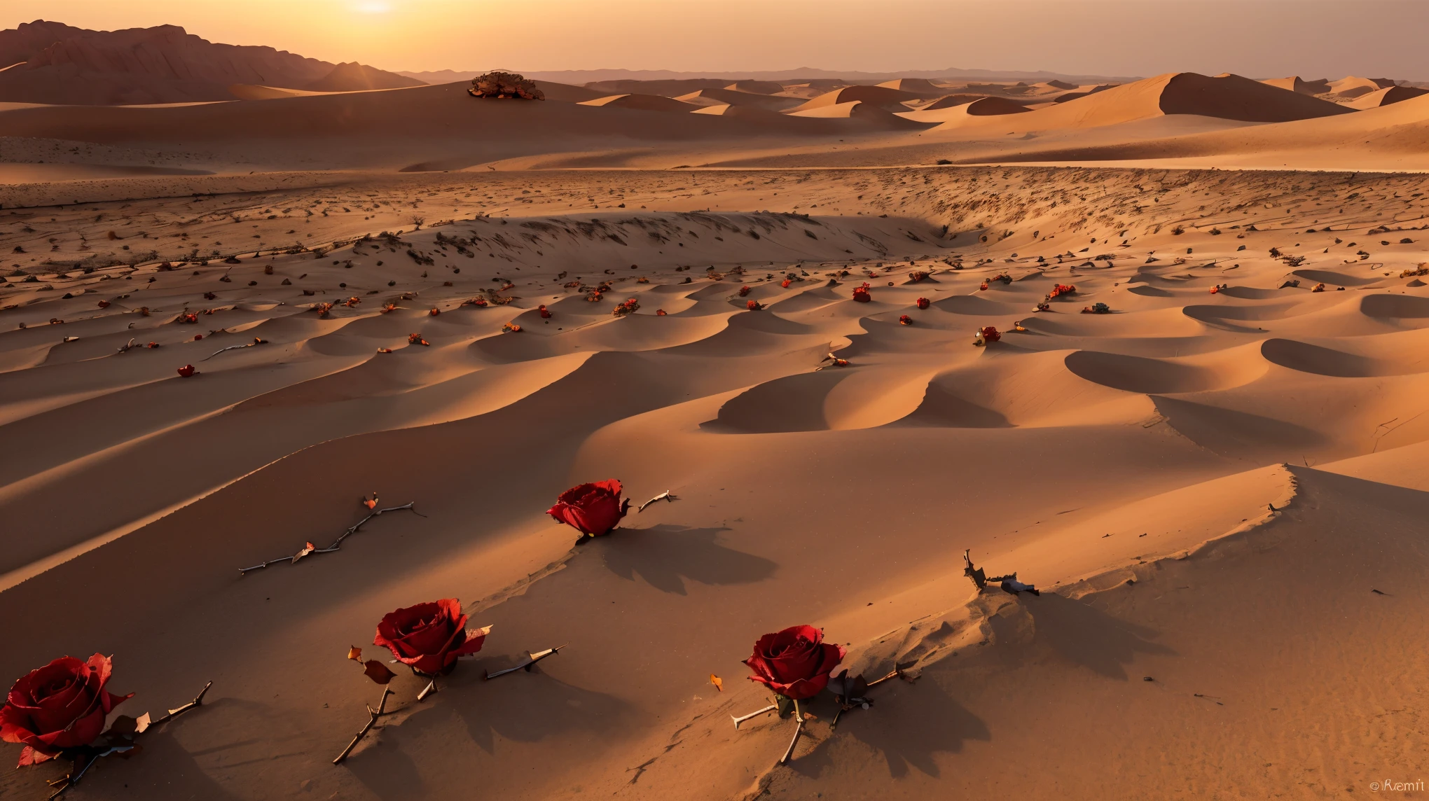 Seventy-two shattered roses, scattered across a barren desert, roses spread across the desert, cracked earth, intense heat waves, vast wasteland, arid terrain, desert flora, sand dunes in the distance, harsh sunlight, shadows stretching, wilted petals, thorns, red, pink, and white petals, dried stems, cracked soil, desolate landscape, surreal atmosphere, high-resolution digital art, warm color palette, dramatic lighting casting long shadows.