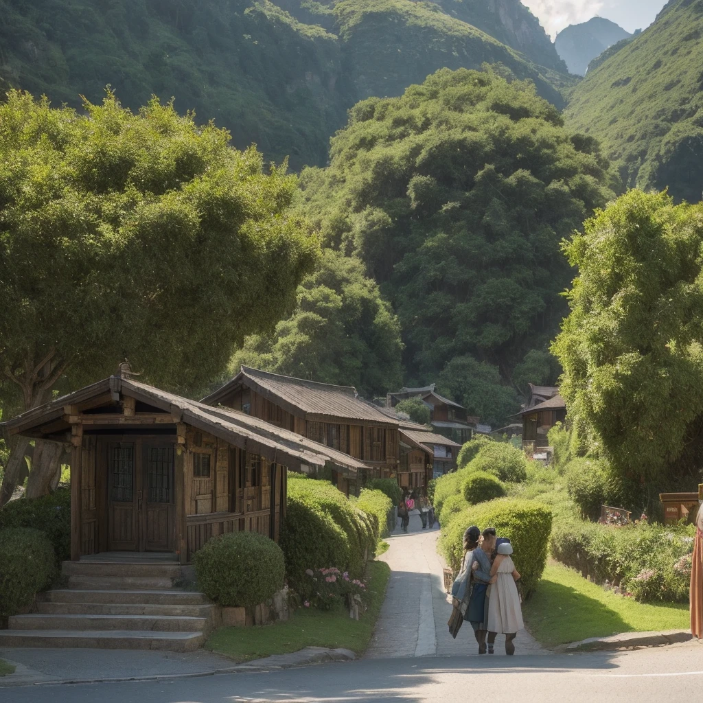 A beautiful village in mountain houses people selling items in market people roaming beautiful wind trees and grass leaves moving direction of wind, extremely small details like leaves on road small rocks and dust on streets, in 8k, 8k, 4k, Stylized realistic, cinematic lighting volumetric lighting, realistic lighting and shadows, Best Quality, masterpiece, Landscape Godrays, day Time