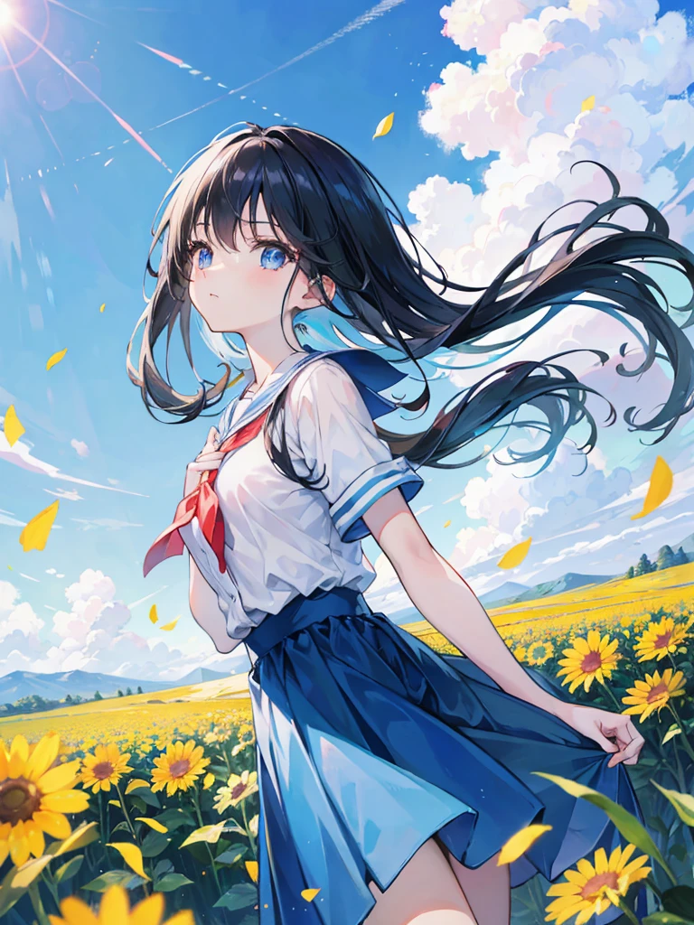 anime girl standing in a countryside, flower fields, blowing air, clear sky, blue dress, long black hair, blue eyes, small breasts, looking up into the sky, school girl, ultrasharp, masterpiece, high res, 8k