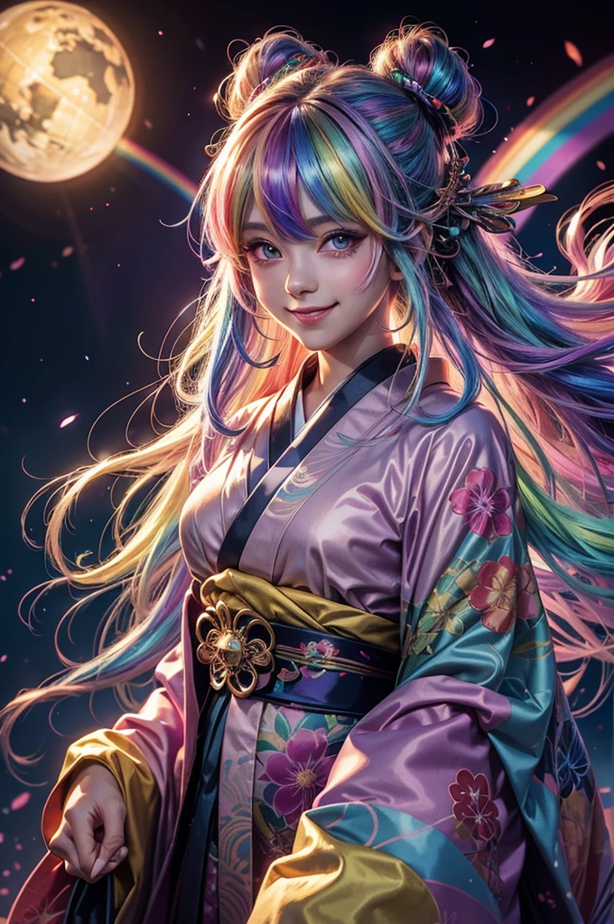 A girl with long rainbow hair, glowing rainbow eyes and an adorable smile wearing kimono, detailed anime style, fantasy illustration art, shiny glossy colorful lighting, glittery skin, glowing neon color palette, cute face