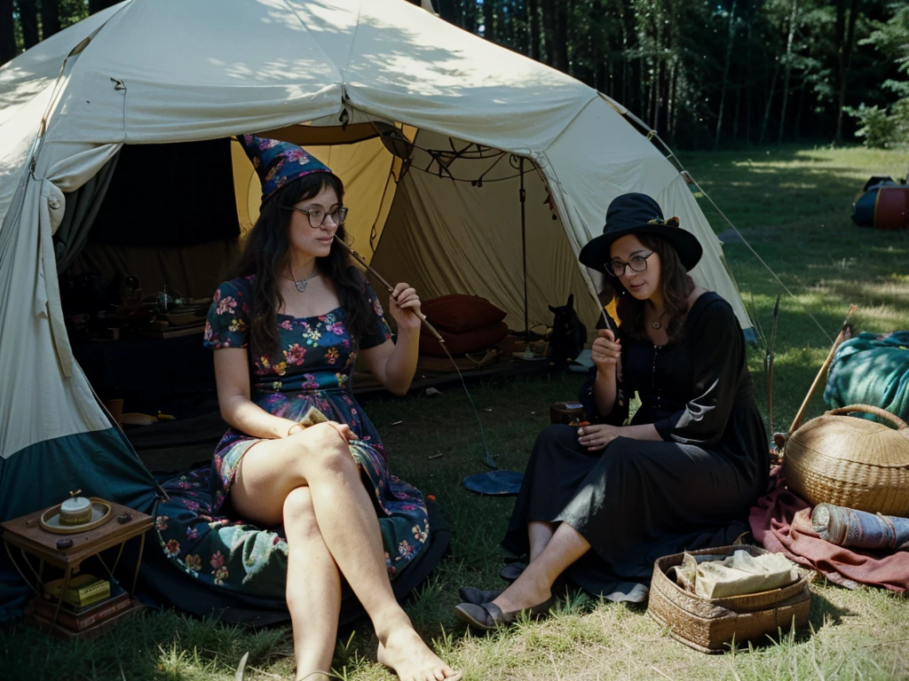 groovy old 1960s witch woman, floral dress, glasses, witch hat, black cat, sitting in a tent smoking her pipe at Woodstock music festival