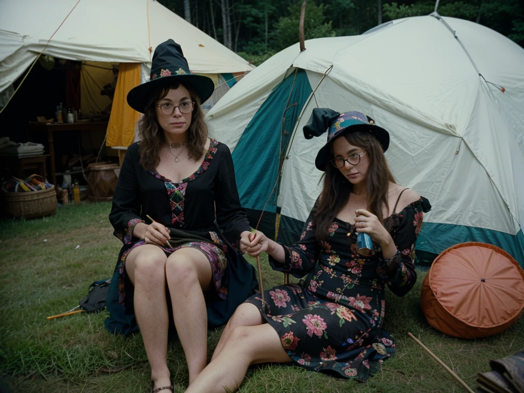 groovy old 1960s witch woman, floral dress, glasses, witch hat, black cat, sitting in a tent smoking her pipe at Woodstock music festival