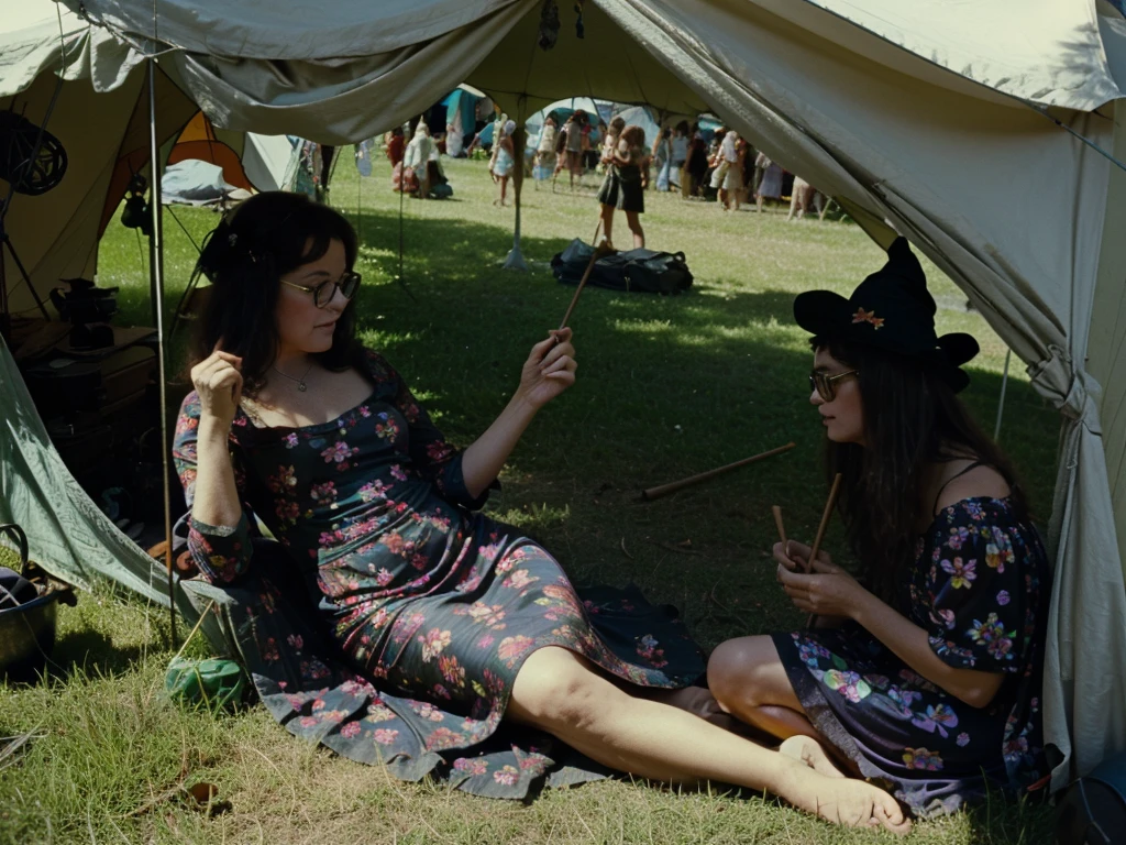 groovy old 1960s witch woman, floral dress, glasses, witch hat, black cat, sitting in a tent smoking her pipe at Woodstock music festival
