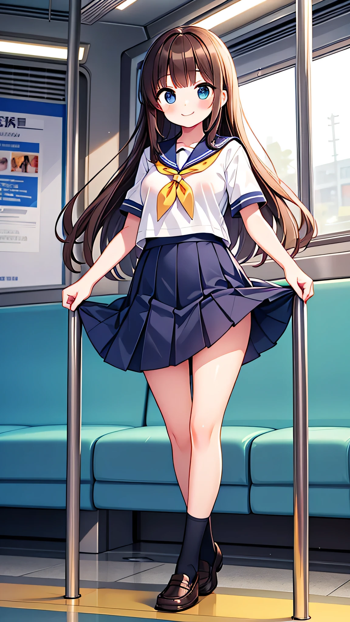 {Highest quality], [Super beautiful], [Ultra fine], [Best illustration], NSFW,Brown Hair, Hime cut, Long Hair, With bangs, girl, Sailor suit,Navy blue knee socks and black loafers,smile, blush, Slender women,Short sleeve,Long straight skirt, Adult women,Standing posture,on the train,diagonal,