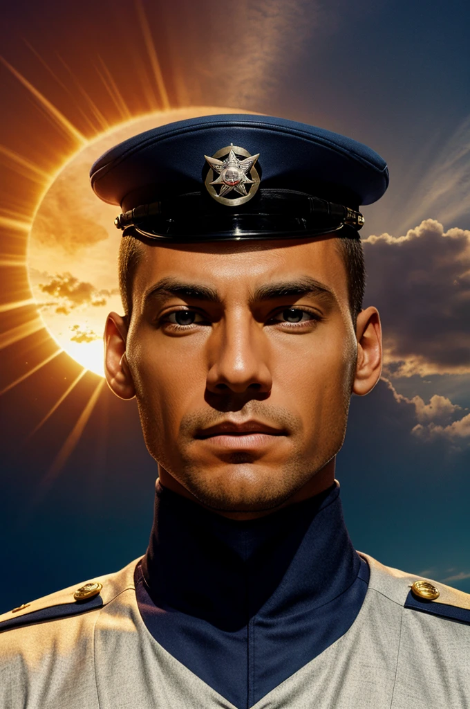 captain amerika standind and see sun his head is opposite side