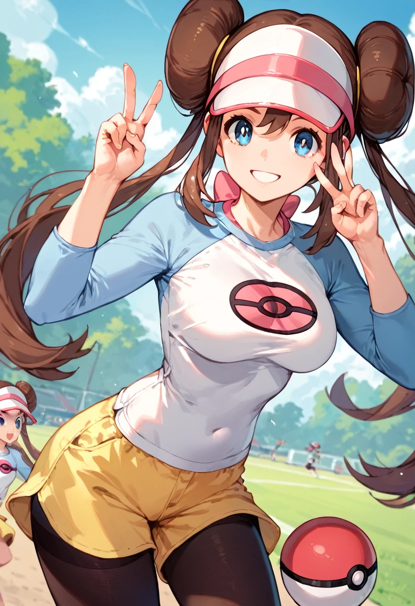 score_9,score_8_up,score_7_up,(details background),cowboy shot,1girl,
rosa (pokemon),brown hair,long hair, hair bun,double bun,twintails,blue eyes,visor cap
pantyhose,raglan sleeves,yellow shorts,shorts,
outdoor,Holding a monster ball,one eye colsed, (((hands up))),(waving hands), [[outstretched arms]], [outstretched hand],(((peace sign))),(smile),Winner character,gold fram