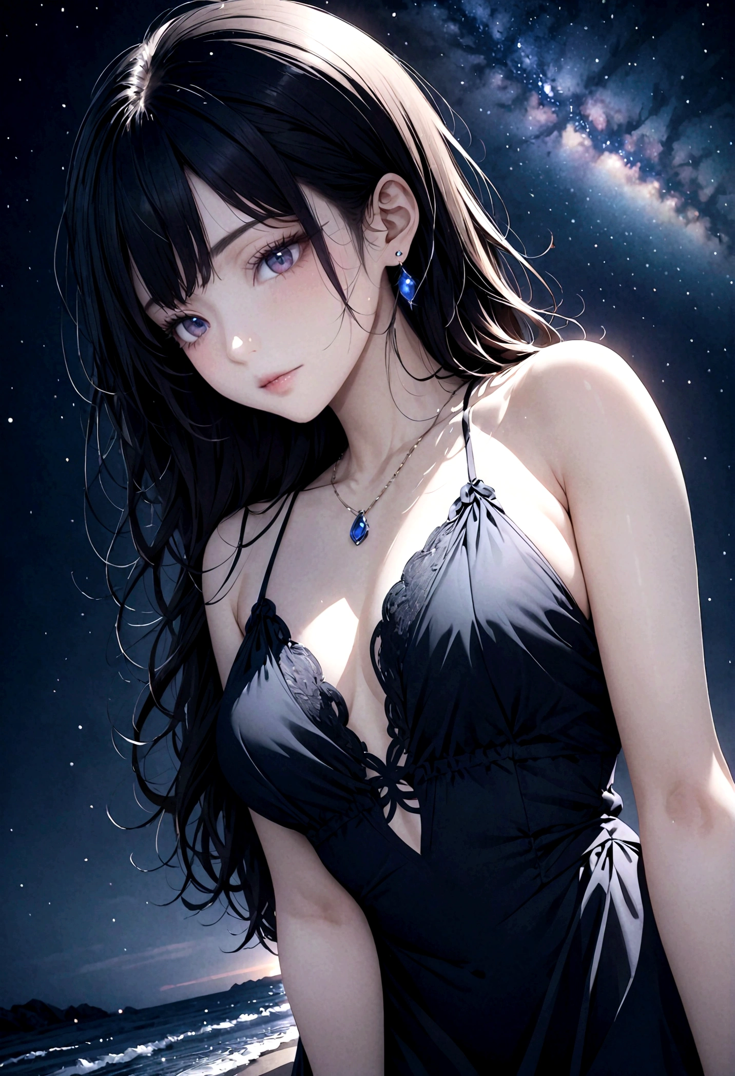 8k, masterpiece, RAW Photos, Highest quality, Realistic, Very detailed, Depth of written boundary, Cinematic Light, Anatomically correct body,
An elegant middle-aged beauty, Very beautiful face, Exquisitely detailed face, Goddess-like deity々Beautiful, Very sensitive skin, Transparent white skin, Glamorous Body,
Wavy black long hair, Beautiful legs,
A high-slit dress with fluttering lace, Detailed cloth texture, Gorgeous necklace, Gorgeous earrings,
Dark starry background, Milky Way Galaxy, Meteors, Dark coastline at night, Pitch black sea surface,
Low angle shot,