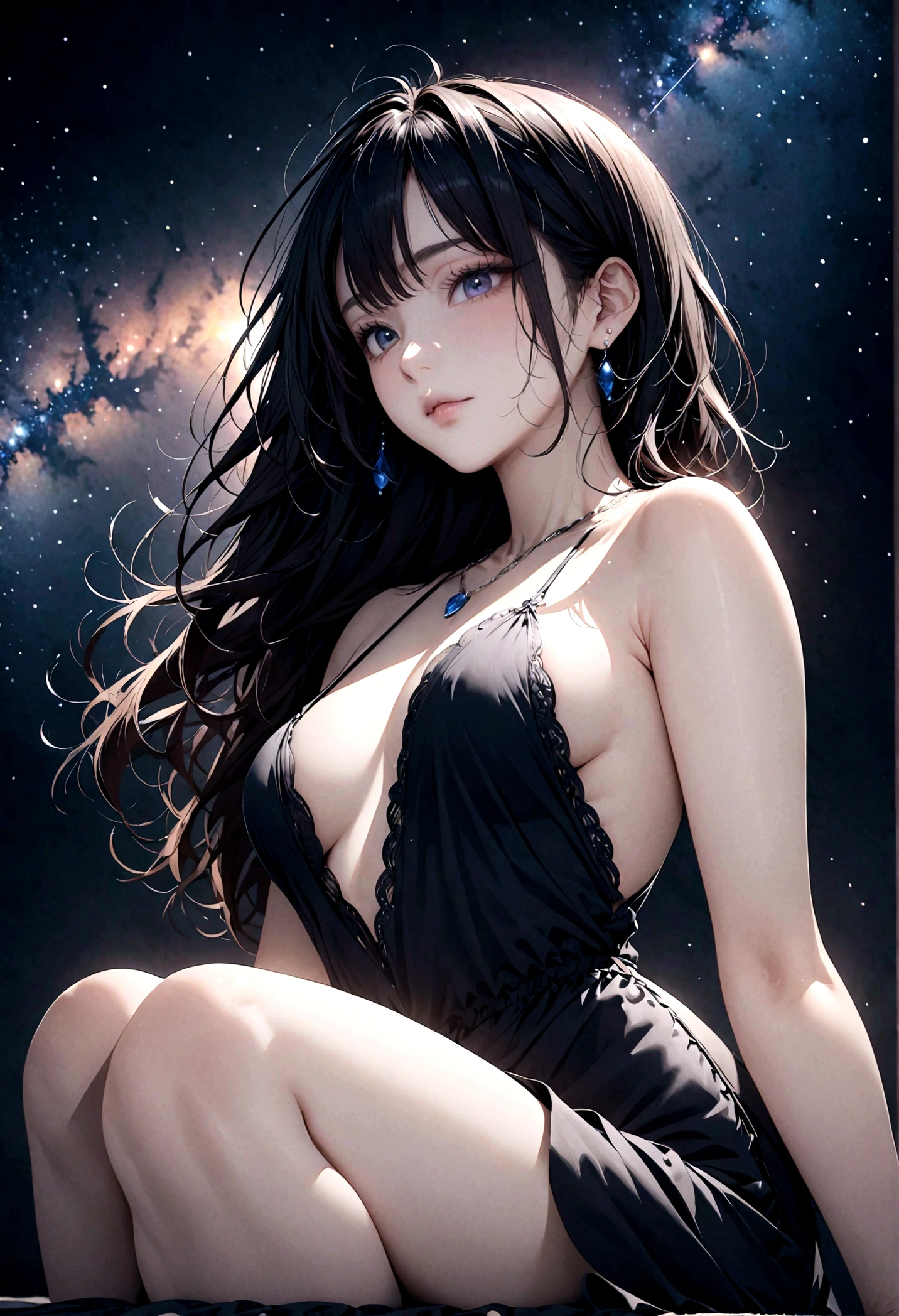 8k, masterpiece, RAW Photos, Highest quality, Realistic, Very detailed, Depth of written boundary, Cinematic Light, Anatomically correct body,
An elegant middle-aged beauty, Very beautiful face, Exquisitely detailed face, Goddess-like deity々Beautiful, Very sensitive skin, Transparent white skin, Glamorous Body,
Wavy black long hair, Beautiful legs,
A high-slit dress with fluttering lace, Detailed cloth texture, Gorgeous necklace, Gorgeous earrings,
Dark starry background, Milky Way Galaxy, Meteors, Dark coastline at night, Pitch black sea surface,
Low angle shot,