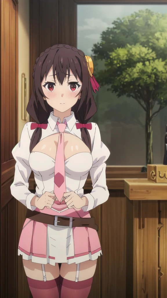 Yunyun, 1girl, solo, portrait, looking at viewer, crown braid, shirt, collar, juliet sleeves, low twintails, pink miniskirt, thighhighs, necktie, belt,blushing, perfect quality, good quality, masterpiece, HDR, UHD ,white lace panties,lift skirt,upskirt,pantyshot,