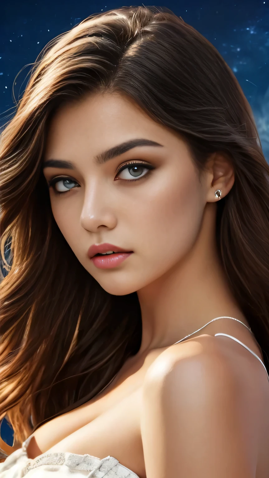 (Big moon background)、View from below、Dark Night、1girl, The most beautiful model、Age 25、White corset dress、masterpiece, 最high quality, high quality, High resolution, Big Tits, ((Face close-up)), Face close-up、