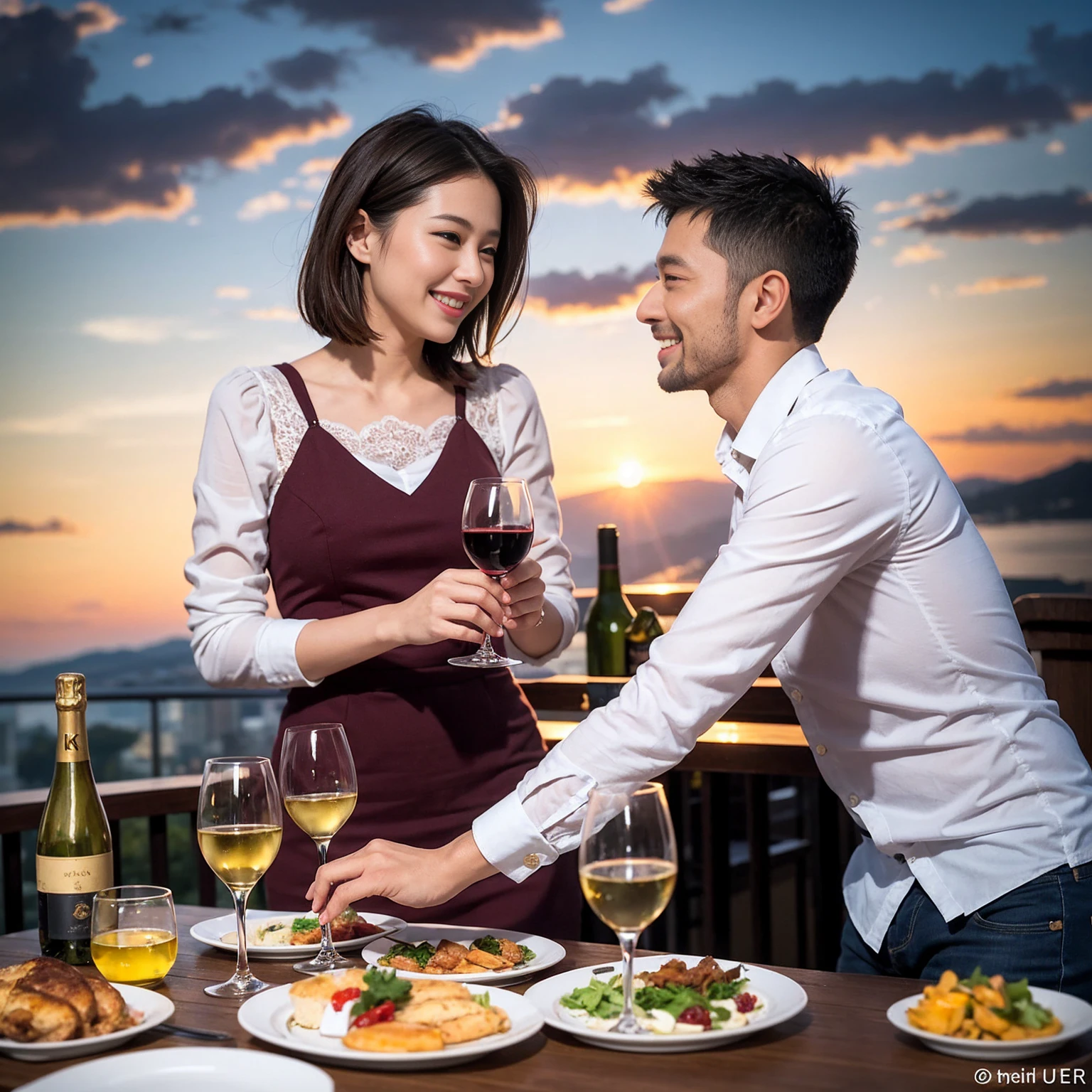 ((Highest quality、8k、masterpiece:1.3))、 (Genuineistic, Genuine、Bright image、Intricate details:1.2), Best smile 1 man 1 woman、Beautiful Couple、spouse、Couple、spouse、Beautiful Couple、Smile、A full-course dinner with a full table、テーブルにwine glass、 (Slim face), (The body is slim), (Brown Hair), (short hair), Please shine a light on my face、 Amazing view of the sunset sky and clouds、 (age 34), 38 years old, red wine 、Appetizers、Wine bottle、sparkling wine、Long sleeve shirt、dress、White wine, red wine, wine glass,