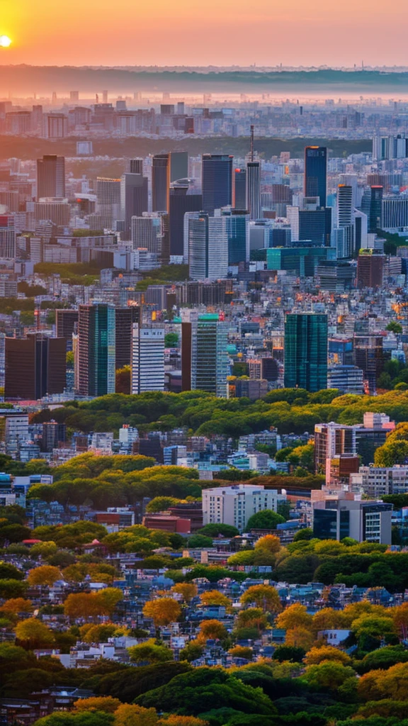a view of a city with tall buildings and a green park, a picture by Naondo Nakamura, unsplash, sōsaku made, tokyo japan, arafed view of a field of flowers with a sunset in the background, floral sunset, warm beautiful scene, beautiful sunrise, flowers sea everywhere, sunset warm spring, beautiful sunset, magnificent background, vibrant sunrise, beautiful sunset glow, breathtaking landscape, stunning sunset, field of flowers, at sunrise in springtime, sunset glow, beautiful sunrise lighting, flower field, sunset sunrise tokyo city, tokyo city in the background, tokio, tokyo, japanese city, tokyo prefecture, new tokyo, aerial view of a city, tokyo in the background, bird's eye view of a city