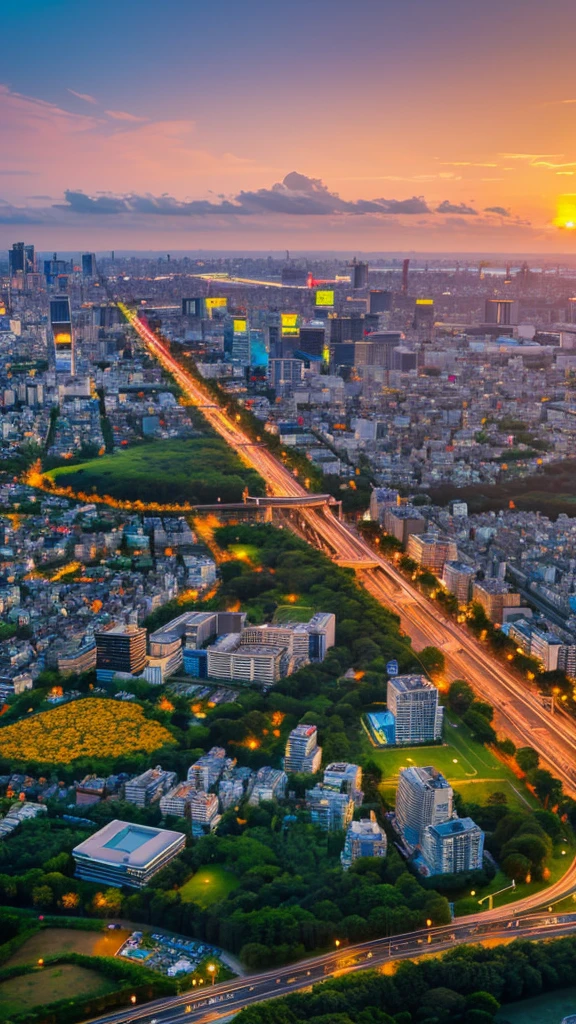 a view of a city with tall buildings and a green park, a picture by Naondo Nakamura, unsplash, sōsaku made, tokyo japan,    arafed view of a field of flowers with a sunset in the background, floral sunset, warm beautiful scene, beautiful sunrise, flowers sea everywhere, sunset warm spring, beautiful sunset, magnificent background, vibrant sunrise, beautiful sunset glow, breathtaking landscape, stunning sunset, field of flowers, at sunrise in springtime, sunset glow, beautiful sunrise lighting, flower field, sunset sunrise  tokyo city, tokyo city in the background, tokio, tokyo, japanese city, tokyo prefecture, new tokyo, aerial view of a city, tokyo in the background, bird's eye view of a city