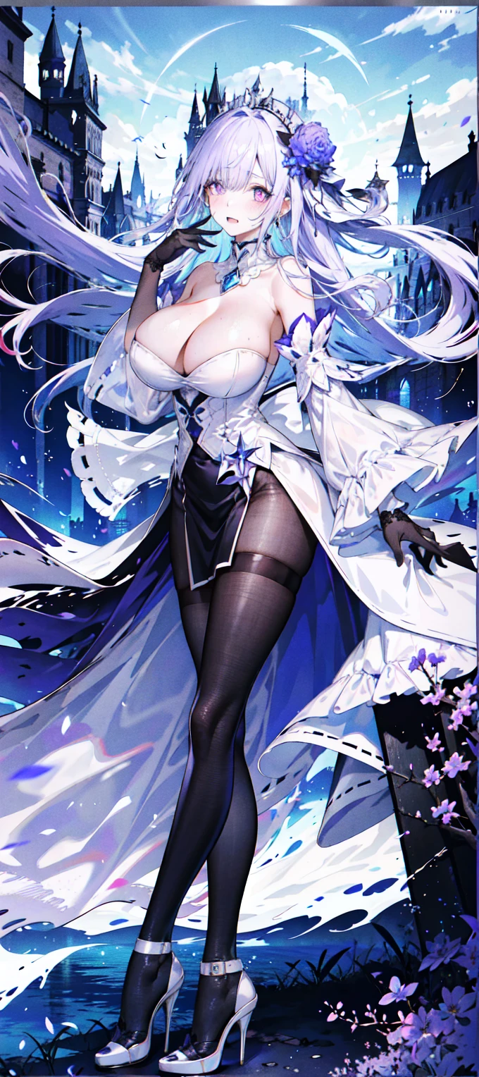 ((masterpiece:1.4,best quality)),(Super detailed),(Extremely detailed eyes),(Shiny socks:1.5),Hello Darkness
(Cute girls),,(Blood-red pupils,Diamond-shaped pupil:1.15),Purple Eyeshadow,(elongated hair,Thick hair,Single ponytail,shiny hair:1.5)(Changes through:1.2),despair,sad,Empty eyes,tears streaming down my face,tilting its head to the side,
(She wore a blue dress,:1.5),(Black gloves:1.4)Very long plush sleeves,White,White Cloud,Dream bubbles ,Ice and glitter effects
(Black long skirt:1.1),
((Starry Sky:1.2)),
(Intense black and white:1.16),(Depth of Field:1.4),,Intricate details,(((Detailed background,Castle in the Sky,Purple flowers by the lake))),(((Huge breasts,Bare breasts,Deep cleavage,White stiletto high heels)))