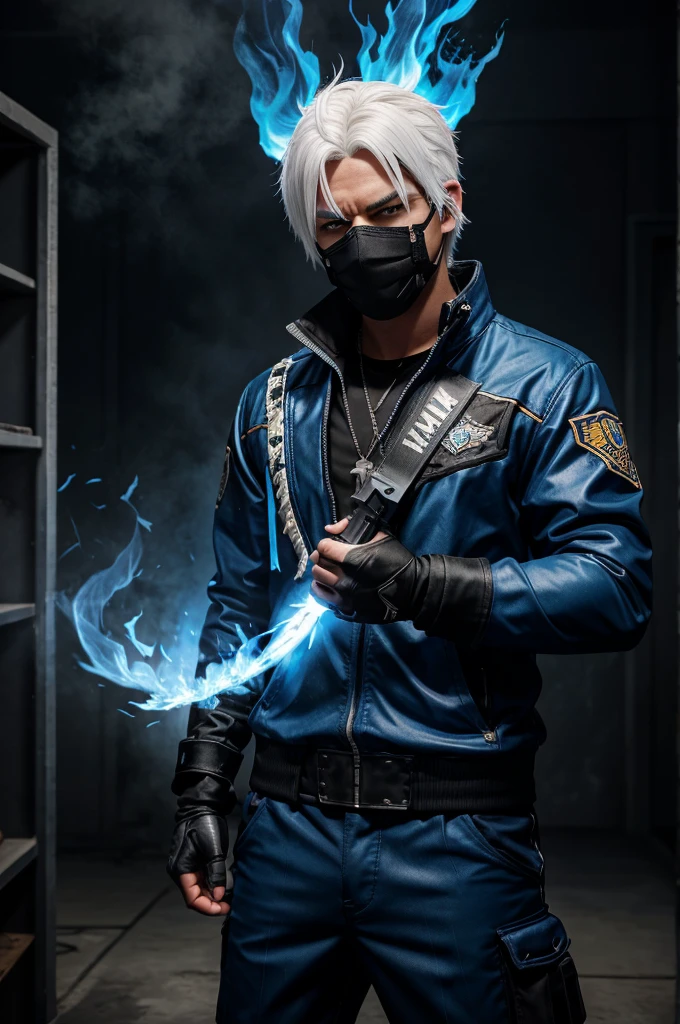 A background with (blue & black flames) , the boys ( mascot ) type with white hair and  black mask at standing and having a pistol in hand 
Name written under in box name ( killtake22)