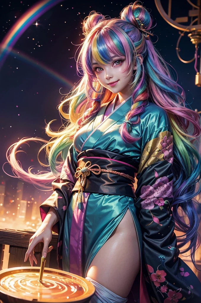 A girl with long rainbow hair, glowing rainbow eyes and an adorable smile wearing kimono, detailed anime style, fantasy illustration art, shiny glossy colorful lighting, glittery skin, glowing neon color palette, cute face