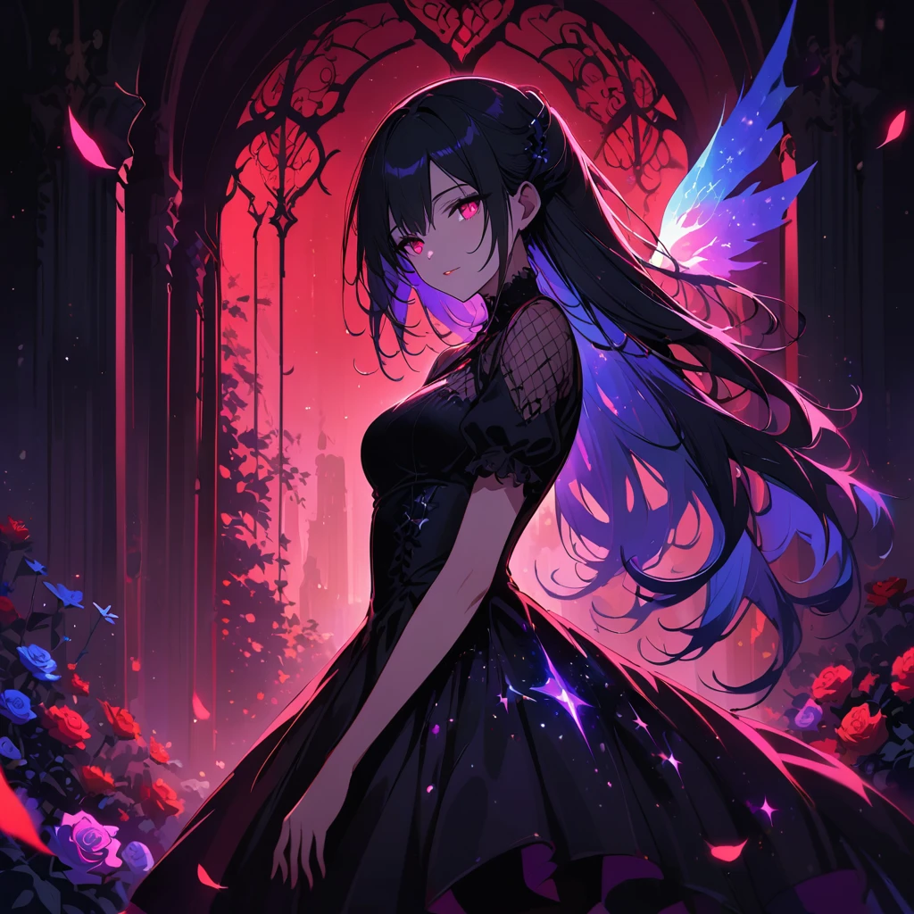 ((((Stellar being with starlight aura))) 1girl, looking out at stars, soft focus, (astral themes), (glow in eyes)), impressive artistry,Exquisite details,Gothic architecture,dramatic lighting,Vibrant red hue,ominous numbers,Strange symbols,Surreal elements