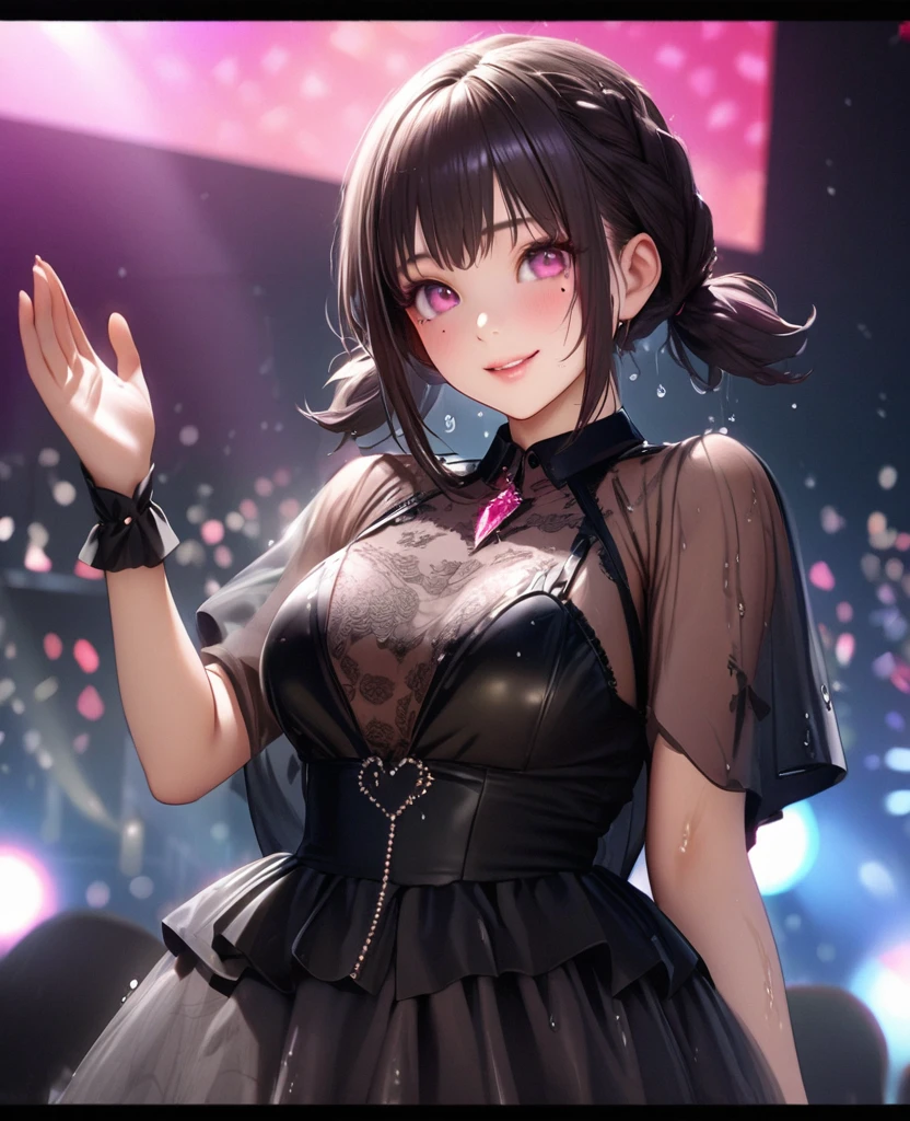 One Girl、Looking at the audience、lovely,
Beautiful pink eyes、short twin tail hair , Mole under the eye、Plump and glossy lips、Heart-shaped choca、Idol、Her name is Rico,smile、ー、。.。.。.。.。.。.。.。.。.。.。.。.。.。.。.。.。.。.3D、Realistic、
The idol's costume was soaked in the heavy rain, and her chest was wet and transparent.Heavy rain at outdoor concert, Drape clothes、gem、The decoration has been removed、Floral、Lace trim,On a glittering stage、
masterpiece、highest quality、8k、Detailed skin texture、Detailed cloth texture、Beautifully detailed face、Intricate details、Very detailed、
超A high resolution、8k Ultra HD、Film Grain、Best Shadow、delicate、Gazing at the audience、front