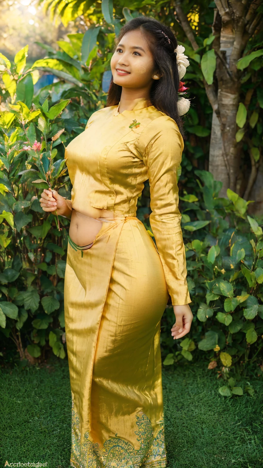 (best quality,highres,masterpiece:1.2),ultra-detailed,(realistic,photorealistic,photo-realistic:1.37),myanmar girl,beautiful detailed eyes,beautiful detailed lips,extremely detailed eyes and face,longeyelashes,perfect full body,emphasized buttocks,view from behind,traditional myanmar clothes,graceful pose,captivating smile,breathtaking beauty,shining black hair,fair skin with a natural glow,vivid colors,lush garden background,soft sunlight,subtle shadows,traditional myanmar dance,graceful movements,ethereal atmosphere,tranquil setting,traditional instruments,an air of mystique and elegance.((acmm ss outfit pantylines)),((accentuate pantylines)),((pantylines ass))((( big hips, breast)))