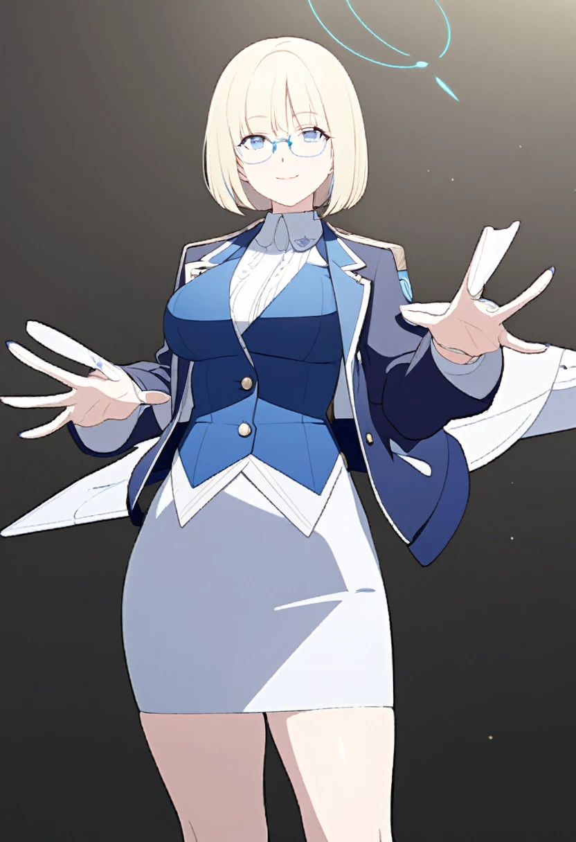 beautiful woman, solo, full-bodied, standing, medium bob cut blonde hair, light blue eyes, two points glasses, medium breasts, blue opened jacket, white blouse, white long flare skirt, blue high heels, soft smile, perfect hands with 5 fingers, black background, no background