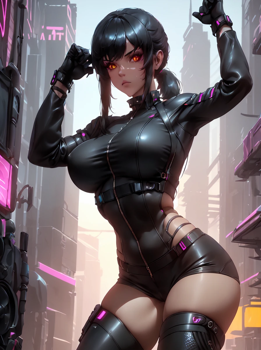 (masterpiece, best quality, aesthetic:1.4,) 1girl, Cyberpunk, futuristic, Yelan, BREAK, symmetrical face, highly detailed face, black hair, long hair, ponytail, holographic interface, BREAK, crimson eyes, highly detailed eyes, BREAK, large breasts, tight clothing, leather jacket, black shirt, BREAK, knee boots, black yoga pants, black gloves, tactical gear, BREAK, stretching, serious expression, standing, BREAK, female focus, upperbody, neon aesthetic, futuristic cityscape, sci-fi