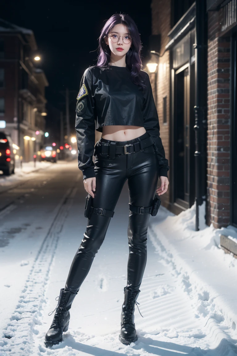 1 girl, beautiful purple hair, blue eyes detailed, wearing glasses, wearing military tactical gear, black military top, black military pants, plack military boots, winter, night, snow, realistic, ultra-detailed, HDR, 4k, full body, realistic lighting and contrast