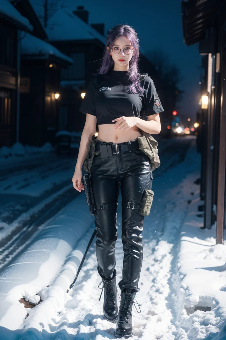 1 girl, beautiful purple hair, blue eyes detailed, wearing glasses, wearing military tactical gear, black military top, black military pants, plack military boots, winter, night, snow, realistic, ultra-detailed, HDR, 4k, full body, realistic lighting and contrast