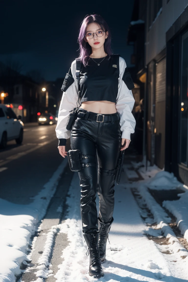 1 girl, beautiful purple hair, blue eyes detailed, wearing glasses, wearing military tactical gear, black military top, black military pants, plack military boots, winter, night, snow, realistic, ultra-detailed, HDR, 4k, full body, realistic lighting and contrast